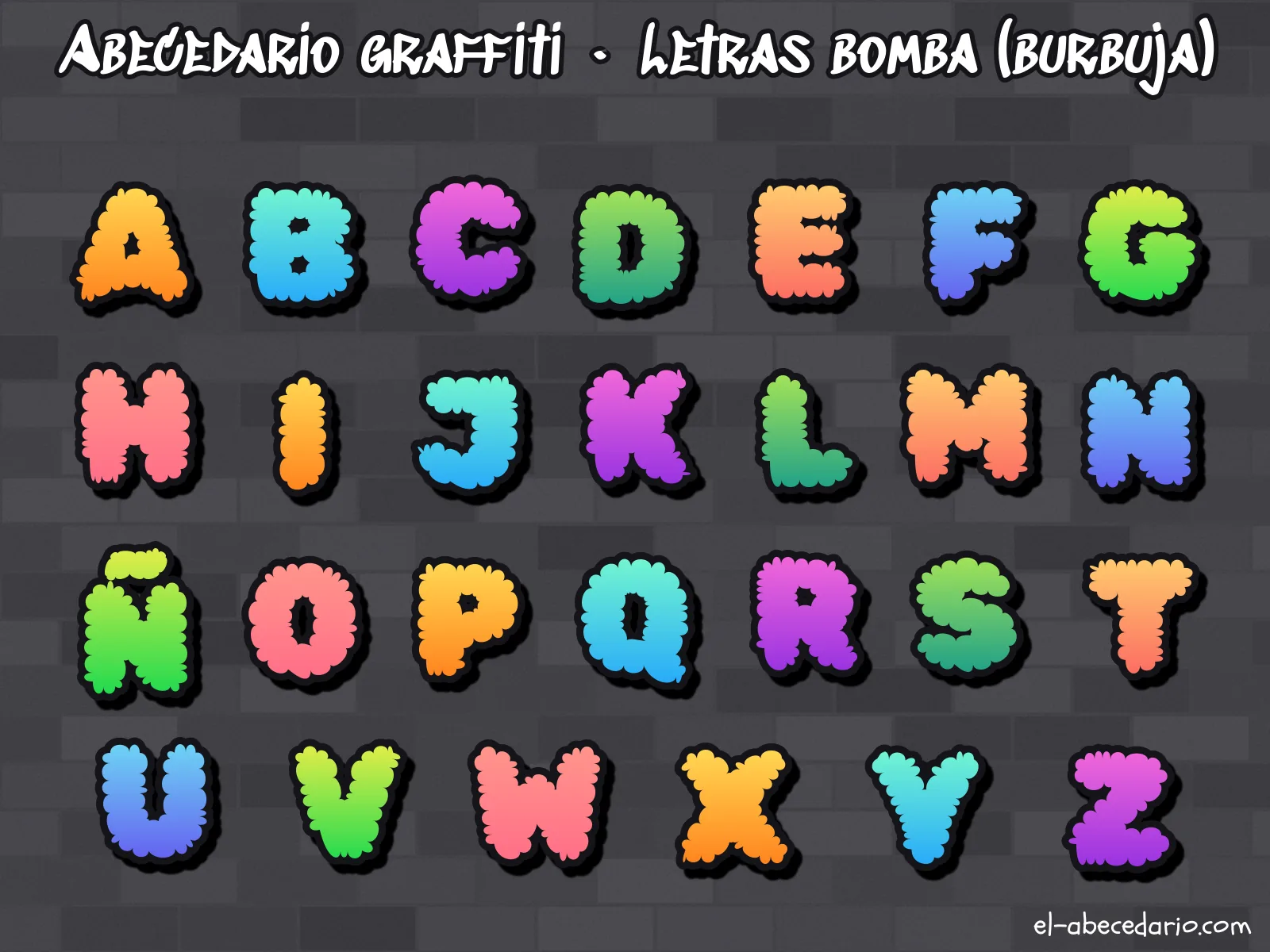 Abecedario graffiti estilo letras bomba (burbuja) con las 27 letras de la A a la Z, incluida la Ñ: letras infladas y redondeadas, muy fáciles para empezar