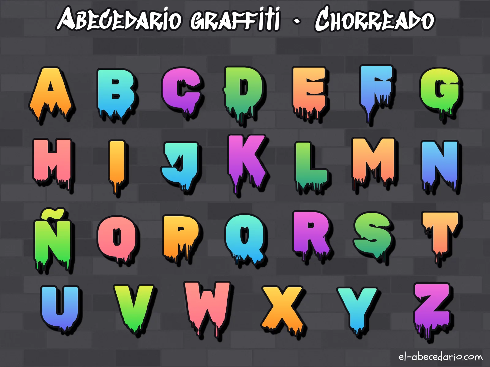 Abecedario graffiti estilo chorreado con las 27 letras de la A a la Z, incluida la Ñ: con la pintura goteando hacia abajo
