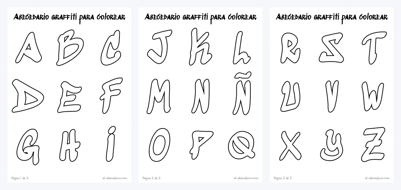 Tres láminas para colorear con las 27 letras de tag del abecedario graffiti, de la A a la Z con la Ñ, nueve por página