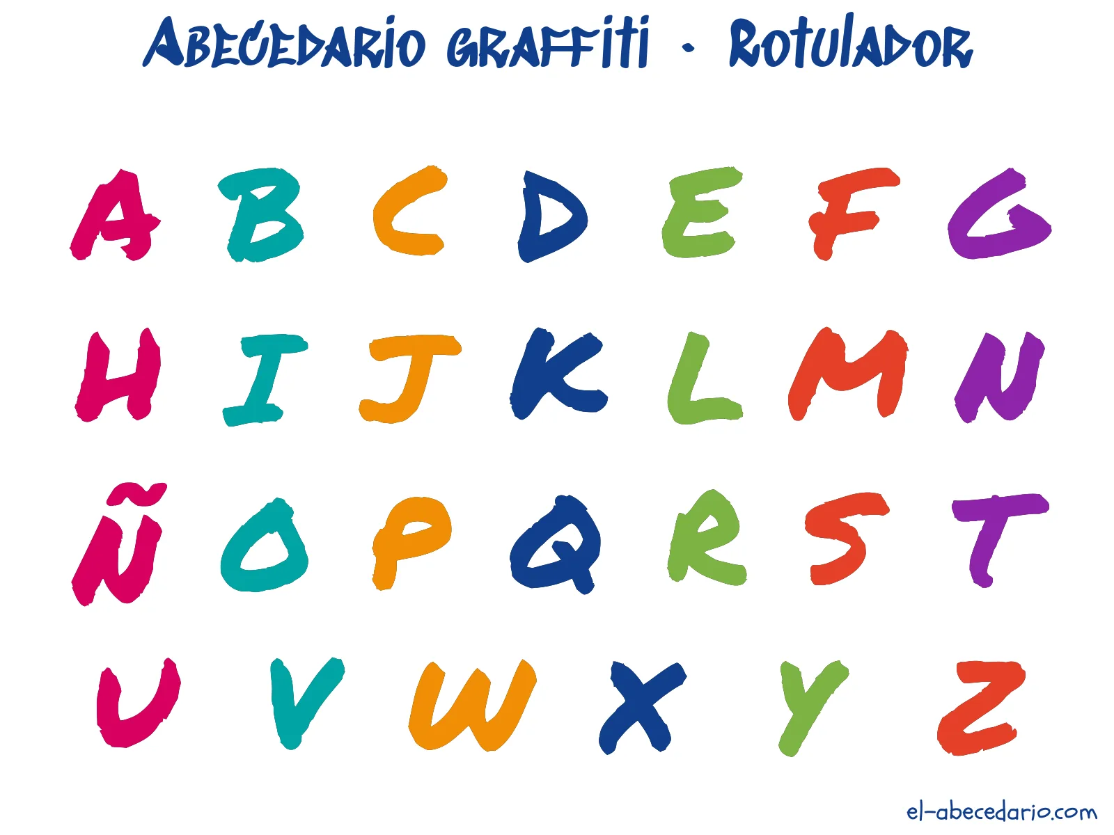 Abecedario graffiti estilo rotulador con las 27 letras de la A a la Z, incluida la Ñ: escrito a mano con rotulador grueso, fácil de copiar en papel