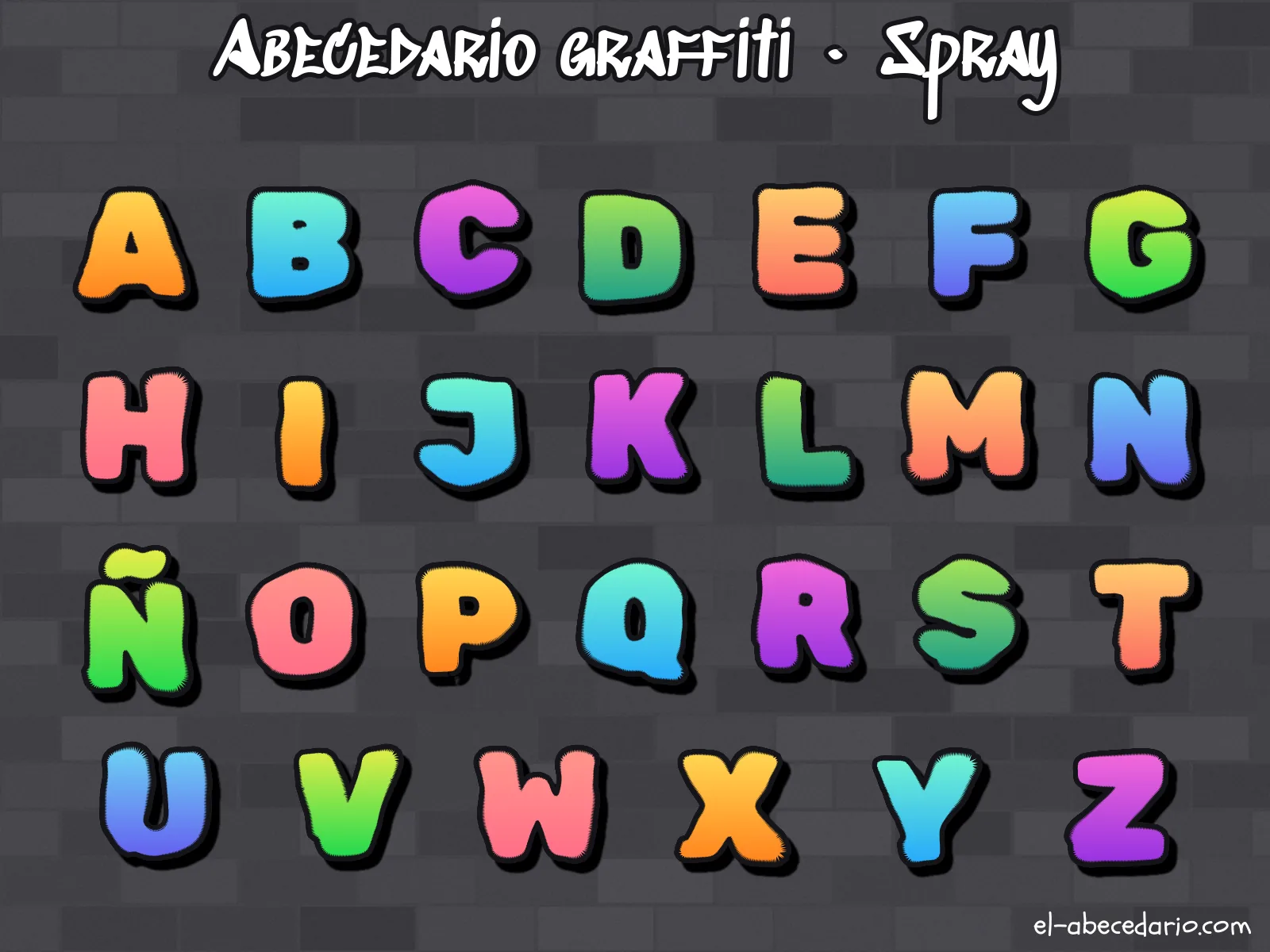 Abecedario graffiti estilo spray con las 27 letras de la A a la Z, incluida la Ñ: con los bordes difuminados del aerosol