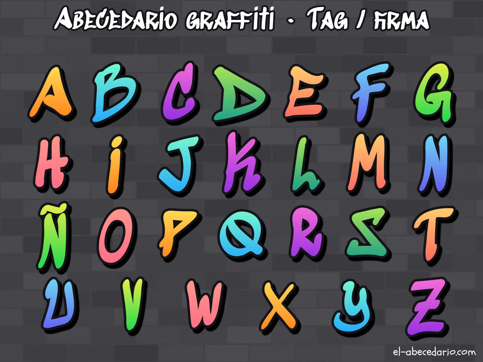 Abecedario graffiti estilo tag o firma con las 27 letras de la A a la Z, incluida la Ñ: trazo rápido de rotulador (plumón o marcador), el que se usa para firmar